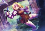  armor blonde_hair broken brown_eyes dress dutch_angle final_fantasy final_fantasy_tactics headband kara_(color) open_mouth shirt solo squire_(fft) sweat sword taut_clothes taut_shirt tears thighhighs weapon 