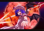  bat_wings blue_hair bow fang fingernails foreshortening full_moon hat hat_ribbon letterboxed long_fingernails moon nerii_wasabi polearm red_eyes red_moon remilia_scarlet ribbon short_hair solo spear spear_the_gungnir touhou weapon wings wrist_cuffs 