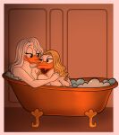anatid anseriform anthro avian bathing_together bathtub bedroom_eyes big_breasts bird blonde_hair breasts bubble_bath casual_nudity daisy_and_the_mysteries_of_paris daisy_duck disney duck duo eye_contact female female/female hair hi_res lady_in_waiting lesbian_couple long_hair looking_at_another lunula_(artist) marie_ducklette narrowed_eyes noblewoman non-mammal_breasts nude open_mouth open_smile queen romantic royalty seductive smile warm_lighting white_hair