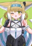  1girl ;d animal_ear_fluff animal_ears arknights bare_shoulders black_gloves blue_hairband blush braid breasts brown_hair commentary_request fang fox_ears fox_girl fox_tail gloves green_background green_eyes hair_between_eyes hair_rings hairband hands_up highres looking_at_viewer multicolored_hair one_eye_closed shirt simple_background small_breasts smile solo spam_(spamham4506) suzuran_(arknights) tail twin_braids two-tone_hair white_hair white_shirt 