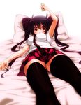  akanagi_youto bed black_legwear brown_hair cellphone checkered checkered_skirt hat himekaidou_hatate impossible_clothes impossible_shirt long_hair lying on_back phone pillow red_eyes shirt skirt solo thighhighs tokin_hat touhou twintails zettai_ryouiki 