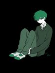  1boy black_background collared_shirt earrings expressionless full_body green_eyes green_hair highres hugging_own_legs jewelry jitome long_sleeves looking_at_viewer maco22 male_focus original pants shirt shoes sitting solo sweat sweater 