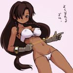  ballista_(sekaiju) bikini braid breasts brown_eyes brown_hair covered_nipples dark_skin gloves groin hair_over_one_eye light_smile long_hair lowleg lowleg_bikini medium_breasts navel rubber_band sekaiju_no_meikyuu sekaiju_no_meikyuu_3 simple_background solo swimsuit translation_request twin_braids yuuichi_(tareme_paradise) 