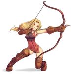  archer_(fft) armpits blonde_hair boots bow_(weapon) final_fantasy final_fantasy_tactics gloves hips kara_(color) long_hair low-tied_long_hair one_knee open_mouth orange_eyes simple_background solo squatting thigh_boots thighhighs thighs weapon white_background 