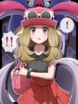  ! !! 1girl :o absurdres arrow_(symbol) bag blonde_hair blurry blurry_background bracelet breasts collared_shirt commentary_request grey_eyes handbag hat highres jewelry long_hair looking_at_viewer malamar pink_bag pink_hat pleated_skirt pokemon pokemon_(creature) pokemon_xy red_skirt serena_(pokemon) shabana_may shirt skirt spoken_exclamation_mark sunglasses sweat white-framed_eyewear 