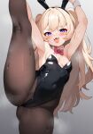  1girl :d absurdres alternate_costume animal_ears arm_behind_head arm_up armpits azur_lane bache_(azur_lane) bare_shoulders black_leotard black_pantyhose blonde_hair blush breasts cameltoe covered_navel curly_hair detached_collar english_commentary fake_animal_ears fang from_below hair_between_eyes half-closed_eyes highres holding_own_leg igarashi_gozo leg_up leotard long_hair looking_at_viewer looking_down pantyhose playboy_bunny purple_eyes rabbit_ears skin_tight small_breasts smile smug solo split standing standing_on_one_leg standing_split strapless strapless_leotard sweat thighs very_long_hair wrist_cuffs 