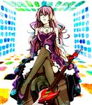  absurdres bad_id bad_pixiv_id blue_eyes cross crossed_legs dress elbow_gloves gloves guitar headband highres instrument kottie long_hair megurine_luka pink_hair sitting smile solo speaker thighhighs vocaloid 