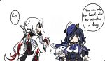  3girls absurdres aged_down ahoge arlecchino_(genshin_impact) ascot black_eyes black_gloves black_hair blue_eyes clorinde_(genshin_impact) colored_inner_hair english_text flying_sweatdrops furina_(genshin_impact) genshin_impact gloves hair_between_eyes hat height_difference heterochromia highres kodona leaning_forward lolita_fashion long_hair long_sleeves looking_at_another low_ponytail mole mole_under_eye multicolored_hair multiple_girls nervous peeking_out purple_ascot sesield sidelocks simple_background sketch streaked_hair sweatdrop top_hat tricorne two-tone_hair wavy_hair white_background white_gloves white_hair 