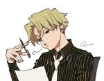  1boy black_shirt blonde_hair cheek_bulge collared_shirt ear_piercing finn_oldman from_side frown green_eyes hand_up head_tilt high_card holding holding_paper holding_pen looking_at_object male_focus mojisan_(ebimo) necktie paper parted_bangs parted_lips pen piercing portrait shirt short_hair sigh signature simple_background solo striped_clothes white_necktie 