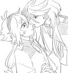  2girls artist_request asticassia_school_uniform chinese_commentary commentary_request commission eye_contact greyscale gundam gundam_suisei_no_majo hairband hand_on_another&#039;s_face imminent_kiss long_hair long_sleeves looking_at_another miorine_rembran monochrome multiple_girls parted_lips ponytail school_uniform second-party_source suletta_mercury thick_eyebrows yuri 