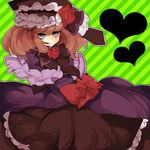  bad_id bad_pixiv_id blue_eyes bow dress elbow_gloves eva_beatrice flower frown gloves hat heart orange_hair otousan_(sunako) red_flower red_rose ribbon rose solo umineko_no_naku_koro_ni 