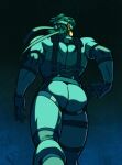  1boy absurdres ass ass_focus back bara black_gloves black_hair black_headband blue_bodysuit bodysuit gloves gradient_background headband highres male_focus metal_gear_(series) metal_gear_solid miles_mandel muscular muscular_male short_hair simple_background solid_snake solo 