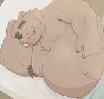 2024 anthro armpit_hair az_paipai bear bed belly big_belly body_hair brown_body clothing furniture hi_res humanoid_hands lying male mammal moobs navel nipples overweight overweight_male solo tongue tongue_out underwear