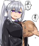  1girl anger_vein black_jacket bow breasts cardigan_vest collared_shirt confused dot_nose grey_hair groping higuchi_kaede higuchi_kaede_(1st_costume) huge_breasts jacket kanikama long_hair mole mole_under_eye necktie nijisanji open_clothes open_jacket open_mouth plaid_necktie ponytail purple_eyes purple_necktie raised_eyebrow school_uniform shirt speech_bubble sweatdrop very_long_hair virtual_youtuber white_background white_bow white_shirt 