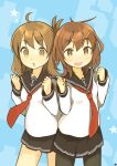  2girls absurdres anchor_symbol black_pantyhose black_sailor_collar black_skirt blush brown_eyes brown_hair clenched_hands fang folded_ponytail hair_ornament hairclip highres ikazuchi_(kancolle) inazuma_(kancolle) kantai_collection long_sleeves looking_at_viewer matsuge916 multiple_girls neckerchief open_mouth pantyhose pleated_skirt red_neckerchief sailor_collar school_uniform serafuku simple_background skirt star_(symbol) 