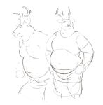 2024 anthro antlers belly bottomwear briefs cettus clothed clothing deer duo hands_on_hips horn male mammal moobs navel overweight overweight_anthro overweight_male pants partially_clothed shirt sketch standing topwear underwear