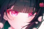  1girl black_hair blunt_bangs blurry butterfly-shaped_pupils cherry_blossoms close-up closed_mouth commentary depth_of_field eyeshadow falling_petals hair_ornament highres honkai:_star_rail honkai_(series) li_nauu looking_at_viewer makeup mole mole_under_each_eye mole_under_eye multiple_moles petals pink_eyes pink_petals red_eyeshadow solo sparkle_(honkai:_star_rail) symbol-only_commentary symbol-shaped_pupils 