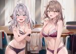  2girls :3 :d absurdres ahoge alisa_mikhailovna_kujou bare_arms bare_shoulders black_bra black_panties blue_eyes blush bra breast_hold breasts brown_hair cleavage commentary_request covering_breasts covering_privates cowboy_shot crossed_bangs curtains embarrassed groin hair_ribbon hand_up highres indoors large_breasts lingerie long_hair looking_at_viewer mariya_mikhailovna_kujou momoko_(momopoco) multiple_girls navel novel_illustration official_art open_mouth panties purple_bra purple_panties raised_eyebrow red_bra red_panties ribbon second-party_source siblings sisters small_sweatdrop smile standing stomach thighhighs tokidoki_bosotto_roshia-go_de_dereru_tonari_no_arya-san underwear underwear_only undressing unworn_shirt white_hair yellow_eyes 