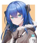  1girl aqua_eyes arknights black_horns blue_hair border brown_jacket closed_mouth fur-trimmed_hood fur_trim hair_between_eyes highres hood hood_down hooded_jacket horns jacket light_blush lit_for_20 long_hair looking_at_viewer mostima_(arknights) outside_border simple_background smile solo upper_body white_border yellow_background 