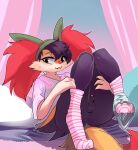 animal_genitalia balls beanie bed bedroom bodily_fluids braixen clothing embarrassed fiya fiyawerks footwear furniture generation_6_pokemon genitals hat headgear headwear hi_res nintendo panties pillow pokemon pokemon_(species) sheath shy sitting socks sweat underwear