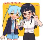  2girls \||/ asahi_breweries beer_can black_hair black_hoodie black_skirt blue_hair blue_necktie blue_skirt blunt_bangs blush border breasts can commentary_request cone_hair_bun cowboy_shot death_merumeru drink_can drooling drunk furrowed_brow glasses hair_bun holding holding_can hood hood_down hoodie jiao_bei_jiu large_breasts laughing locked_arms long_hair long_sleeves looking_at_viewer meis_(terameisu) miniskirt multiple_girls necktie nose_blush open_mouth outside_border pleated_skirt red_eyes sharp_teeth shinigami_dot_com shirt shirt_tucked_in shoulder_spikes side-by-side simple_background skirt sleeves_rolled_up smile spikes standing teeth toukyou_tama twintails v white_border white_shirt yellow_background yellow_eyes 