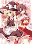  bad_id bad_pixiv_id blonde_hair blue_eyes braid brown_hair detached_sleeves hakurei_reimu hat kiaki kirisame_marisa long_hair multiple_girls touhou witch_hat 