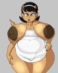 accessory anthro apron apron_only areola belly big_areola big_breasts black_hair breasts camel_toe chest_tuft chubbachunks clothing colored dark_nipples domestic_cat exposed_breasts eye_bags eyeshadow felid feline felis female green_eyes grey_background hair hair_accessory hairband hand_on_hip hi_res huge_breasts looking_at_viewer makeup mammal markings mascara mature_female mrs._katswell nails nickelodeon portrait shaded simple_background slightly_chubby slightly_chubby_female smile solo standing striped_markings stripes t.u.f.f._puppy tan_body three-quarter_portrait tuft