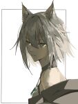  1girl animal_ears arknights blue_gemstone border cat_ears commentary english_commentary from_side gem glaring green_eyes grey_hair hair_between_eyes hamha_s jewelry kal&#039;tsit_(arknights) looking_at_viewer necklace off_shoulder outside_border parted_lips portrait short_hair simple_background solo v-shaped_eyebrows white_background 