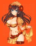  1girl absurdres breasts brown_hair cleavage cropped_legs dancer earrings fate/grand_order fate_(series) flower frilled_hairband frills grey_eyes hair_flower hair_ornament hairband highres hoop_earrings jewelry large_breasts long_hair mata_hari_(fate) midriff navel red_background signature smile sumifate 