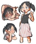  1girl 1other ambiguous_gender angry barefoot black_hair black_tank_top blush breath closed_mouth commentary_request cropped_legs cropped_torso frown glaring grey_eyes gym_shirt half-closed_eye hand_on_another&#039;s_leg hand_on_own_arm hand_on_own_chin highres looking_down multiple_views nishikawa_noriko one_eye_closed open_mouth scissorhold shirt short_sleeves short_twintails strap_pull tank_top tirarizun towel_around_waist twintails urayasu_tekkin_kazoku v-shaped_eyebrows white_shirt wide-eyed yurie_mouth 