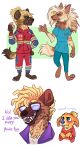 2021 absurd_res ambiguous_gender anthro biped blue_eyes blush brown_body brown_fur canid canine canis claws clothed clothing dialogue domestic_dog duo english_text eye_contact eyewear feet female_(lore) fur fuzzbutts_(lopoddity) glasses handpaw hi_res holding_donut hyena looking_at_another lopoddity male mammal mason_fletcher multiple_images pawpads paws savannah_(fuzzbutts) sharp_teeth simple_background smile spotted_hyena standing striped_hyena sunglasses tan_body tan_fur teeth text virgil_(fuzzbutts) white_background