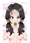  1girl black_hair blue_eyes blush breasts closed_mouth dragon_ball dragon_ball_z heart heart_background highres long_hair looking_at_viewer smile solo topless twintails videl 