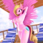 3d_(artwork) anthro areola bangs beach beach_chair belly big_breasts big_tail blonde_hair breasts butt casual_nudity closed_smile clothing colored curvy_figure cutie_mark digital_media_(artwork) eqamrd equid equine eyebrows eyelashes female friendship_is_magic hair hand_behind_head happy hasbro horn hourglass_figure long_hair looking_aside mammal mouth_closed multicolored_hair my_little_pony mythological_creature mythological_equine mythology navel nipples nude outside patreon patreon_logo pink_body pink_horn pink_skin pink_wings pose princess_cadance_(mlp) purple_eyes sky smile solo spread_wings standing summer tail unicorn_horn winged_unicorn wings