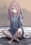  1girl breasts bright_pupils domdom hair_between_eyes hair_over_one_eye little_witch_academia long_hair on_bed oversized_clothes oversized_shirt pajamas pink_hair red_eyes shirt simple_background sketch small_breasts sucy_manbavaran white_pupils 