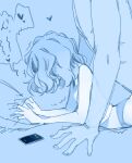  1boy 1girl arched_back blue_theme blush breasts camisole cellphone chibikko_(morihito) from_side heart hetero lying medium_hair monochrome morihito on_stomach original out-of-frame_censoring paid_reward_available panties phone prone_bone sex sketch small_breasts smartphone underwear 