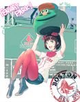  amami_haruka america bad_id bad_pixiv_id baseball boston_red_sox brown_hair ekao fenway_park green_eyes hair_ribbon highres idolmaster idolmaster_(classic) legs legwear_under_shorts major_league_baseball pantyhose red_legwear ribbon shorts smile solo stadium wally_the_green_monster 