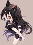  1girl animal_ears arknights ass black_choker black_hair black_shorts blush brown_background cat_ears cat_girl cat_tail choker collar dagda_(arknights) earrings extra_ears from_above green_eyes hair_between_eyes highres jewelry kochiya_(gothope) long_hair looking_at_viewer shorts slit_pupils solo studded_collar tail 
