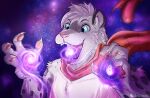 anthro bodily_fluids cosmic_background cosmic_fur digital_media_(artwork) felid feline hi_res imminent_vore lsheena macro_focus macro_pred male mammal open_mouth pantherine smile snow_leopard solo space star starry_background teeth tongue tongue_out vore