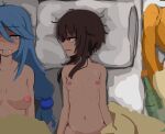  ... 3girls ? aqua_(konosuba) black_choker blanket blonde_hair blue_eyes blush bottle bra_strap breasts brown_hair choker collarbone commentary completely_nude darkness_(konosuba) drooling drunk english_commentary from_above futon groin hair_between_eyes hair_in_own_mouth half-closed_eyes high_ponytail highres jitome kono_subarashii_sekai_ni_shukufuku_wo! kurokimoko long_hair looking_at_another looking_to_the_side lying medium_breasts megumin messy_hair motion_lines multiple_girls navel necktie nipples nose_blush nude on_back on_side out-of-frame_censoring pillow ponytail red_eyes red_necktie saliva short_hair short_hair_with_long_locks side-by-side sidelocks small_breasts swept_bangs unamused upper_body upturned_eyes variant_set wine_bottle 