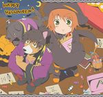  1girl animal animal_ears blush candy cat cat_ears crepe dog eating food from_above full_mouth green_eyes halloween happy_halloween hat jack-o'-lantern josephine-843 looking_up pumpkin raven_(tales) red_hair rita_mordio short_hair tales_of_(series) tales_of_vesperia trick_or_treat witch_hat 