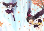  autumn black_hair breasts brown_hair cross-laced_footwear dress fan hat highres himekaidou_hatate image_sample kazami_chiu large_breasts leaf long_hair md5_mismatch multiple_girls necktie open_mouth pixiv_sample red_eyes shameimaru_aya tokin_hat touhou twintails wings 