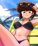  1girl arm_up armpits beach_chair bikini black_bikini breasts brown_eyes brown_hair cleavage cloud earrings eyewear_on_head highres holding holding_removed_eyewear jewelry large_breasts leg_up legs light_smile looking_at_viewer navel outdoors palm_tree ranma_1/2 signature sky sunglasses sweat sweatdrop swimsuit tendou_nabiki tree unworn_eyewear wanta_(futoshi) 