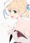 1girl :d ahoge armpit_crease artoria_pendragon_(fate) blonde_hair blue_bow blue_hair bow braid breasts cleavage collarbone crown_braid dress dress_flower eyelashes fate/grand_order fate_(series) from_side green_eyes grey_background grey_dress hair_bow hair_bun light_blush looking_at_viewer looking_to_the_side multicolored_hair open_mouth saber_(fate) sideways_glance single_hair_bun sleeveless sleeveless_dress smile sohin solo teeth two-tone_hair upper_body upper_teeth_only 