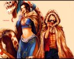  1girl bad_id bad_pixiv_id boa_hancock breasts cape copyright_name earrings facial_hair fake_facial_hair fake_mustache grin hood horns jewelry medium_breasts monkey_d_luffy mustache one_piece salome_(one_piece) scar skull smile snake tsuyomaru yellow_background 