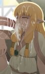  1boy 1girl absurdres after_fellatio bar_censor blonde_hair blurry blurry_background censored cum cum_in_mouth cum_on_clothes cum_on_hair elf excessive_cum facial hetero highres long_hair mizumizuni pointy_ears serie_(sousou_no_frieren) solo_focus sousou_no_frieren yellow_eyes 