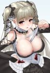  1girl absurdres azur_lane between_breasts black_dress black_nails bouhuuu breasts cleavage clothes_pull dress formidable_(azur_lane) frilled_dress frills grey_hair hair_ribbon hand_on_own_hip highres large_breasts long_hair low_neckline necktie necktie_between_breasts ribbon sweat twintails two-tone_dress very_long_hair white_background 
