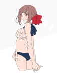 1girl arms_behind_back ass bikini blush_stickers bow brown_eyes brown_hair cropped_legs frilled_bikini frills from_behind hair_bow highres looking_at_viewer looking_back maco22 original own_hands_together side-tie_bikini_bottom smile solo swimsuit 