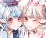  2girls belt_collar blue_hair blue_hat blue_nails bow cheek-to-cheek closed_mouth collar collared_shirt commentary_request earrings fujiwara_no_mokou grey_hair grin heads_together heart heart_hands heart_hands_duo jewelry kamishirasawa_keine kurumi407 long_hair looking_at_viewer multiple_girls nail_polish one_eye_closed portrait red_bow red_collar red_eyes red_nails shirt smile suspenders touhou two-tone_bow white_bow white_shirt 