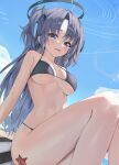  1girl absurdres bikini black_bikini blue_archive blush breasts halo highres hwanhee large_breasts long_hair looking_at_viewer mechanical_halo open_mouth outdoors purple_eyes purple_hair sky solo starfish swimsuit two_side_up yuuka_(blue_archive) 