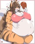 2024 4_fingers anthro belly big_belly big_breasts bloated bodily_fluids breasts brown_hair clothed clothing felid female fingers food fur green_eyes hair hi_res mammal meat navel obese overweight pantherine partially_clothed portrait shikibetsuko sitting solo stripes sweat three-quarter_portrait underwear